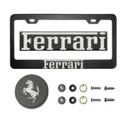 Fit Ferrari T304 Laser Etching SS Polish Black License Plate Frame w/Metal Cap