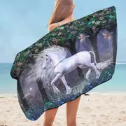 Magical White Unicorn and Birds Sacred Grove Microfiber Beach Towel