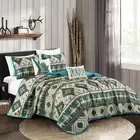 Southwestern Tan Navajo Turquoise Feather Aztec Quilt Coverlet - 5 Piece Set