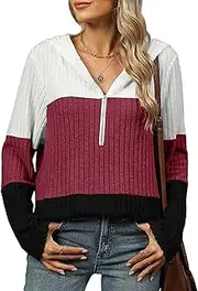 [Valtorixia] Striped Color Block Hoodies Half Zip for Womens Ribbed Knit V Neck Long Sleeve Pullover Sweater Fall Lightweight Tunic (wine red,Small)