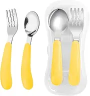 VANRA 2 Pieces Toddler Fork and Spoon Set with Travel Case 18/8 Stainless Steel Toddler Utensils Kids Silverware Children Flatware Child Cutlery Set for School Lunch Box (Yellow)