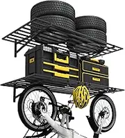 Yaciente 2-Piece Heavy Duty Garage Wall Shelf, 2' x 4' Black Wall Mounted Storage Shelves with Hooks, Loads 1600 LBS, Suitable for Garage Organization