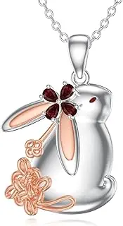 [Reaii] Natural Garnet Bunny Necklace for Women 925 Sterling Silver Rabbit Pendant with Genuine Garnet Jewelry Gifts, Sterling Silver, Garnet