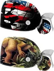 [YTYVAGT] 2-Pc,Nurse Scrub Caps,Scrub Hats with Buttons and Cotton Sweatband,American Flag Retro Style