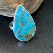 Blue Kingman Turquoise Navajo Sterling Silver Ring Size 8 Adjustable 12788