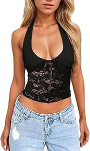 [EMOTTOS] Women's Y2K Lace Tank Top, Deep V Backless Stretchy Sheer Bodycon Transparent Crop Tank Top, Sexy Sleeveless Semi-Transparent Fabric for Summer Party Tops, Black, S-L