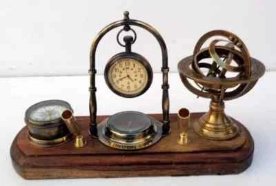 Brass table top clock with pen holder compass armillary sphere globe clock desk