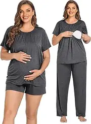 [SWOMOG] Women 3Pcs Maternity Pajama Set Nursing Pjs Pregnancy Set Breastfeeding Pjs Double Layer with Pockets