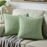 Fancy Homi 2 Packs Sage Green Decorative Throw Pillow Covers 16x16 Inch with Pom poms, Boho Farmhouse Home Decor, Soft Corduroy Accent Square Cushion Case for Living Room Couch Bed Sofa 40x40 cm