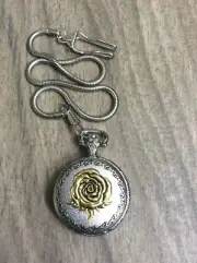 Two Tone Women's Rose Flower Analog Quartz Pocket Watch Clip-on Chain New!