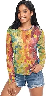 [AIXIWAWA] Colored Shining Women's Long Sleeve Mesh Sheer Top, Sexy See-Through Blouse for Party, Evening Wear S