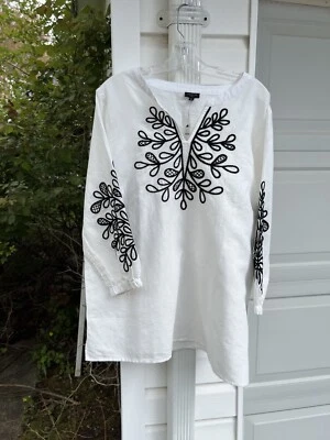 NWT Talbots Gorgeous White Black Leaf Embroidered Linen Cotton Lined Tunic 2X