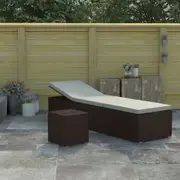 Sun Lounger with Cushion and Tea Table Poly Rattan Brown vidaXL