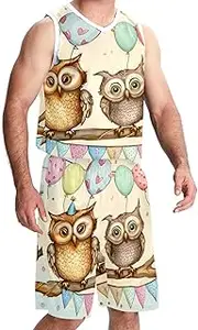 [KQNZT] Basketball Jersey and Shorts, Jersey Shorts Outfit Set, Men's Athletic Basketball Jersey, Cartoon Owl Lovely Animal