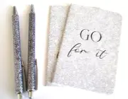 Inspirational Pens (2) & Notepads (2) Set " GO for it " Glitter Silver Pens