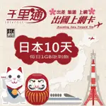 【千里通】日本上網卡10日 10GB上網吃到飽(日本網卡 10天10G 4G網速 支援分享 吃到飽上網SIM卡)