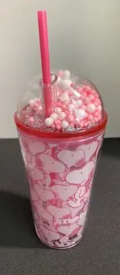 Officially Licensed Peanuts Pink Snoopy Dome Double Wall Plastic Cup & Straw NEW