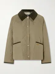 [Barbour] Barbour - Anise Corduroy-trimmed Cropped Quilted Shell Jacket - Gray green - UK 16 UK 16 Green