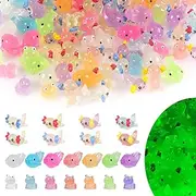 NQEUEPN 110pcs Luminous Mini Resin Animals, 3 Styles Mini Resin Frog Axolotl Dolphin Miniature Figurines Glow in The Dark Tiny Animals for DIY Crafts Garden Dollhouse Plant Decor