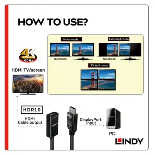 LINDY林帝 主動式DISPLAYPORT DP 1.2 TO HDMI 2.0 HDR 轉接器 - 41062