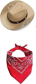 Dogs Cat Pet Cowboy Costume Cowboy Hat with Bandana Set for Halloween, Christmas, Holiday, Party, Cosplay (Khaki, Small)