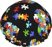 Autism Awareness Puzzle Pieces Heart Print Various Activities Shower Cap Reusable Soft And Lightweight Bath Hair Cap Long Hair