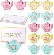 18 Pcs Teapot Wooden Teapot Ornaments Place Card Holder and 25 Pcs Gold Foil White Card Teapot Wooden Table Sign Picture Number Sign Stands Holder for Spring Wedding Party Events