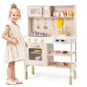 Costway Kitchen Playset Height Adjustable Pretend Play Kitchen w/Stainless Steel Utensils & Toy Cuttable Veggies