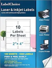 LabelChoice 100 Sheets 1000 Pcs 2”x4” 10 Up Shipping Address Labels Compatible with Laser and Inkjet Printers, 2x4 10 Per Page Strong Adhesive Internet Mailing Shipping Labels