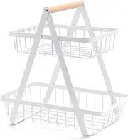 2 Tier Fruit Basket Camping Metal Wire Fruit Basket Storage Holder Vegetables Snacks Display Stand for Outdoor Camping BBQ Picnics White
