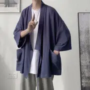 3/4-Sleeve Plain Open Front Kimono Jacket Kimono Jacket - Blue - S
