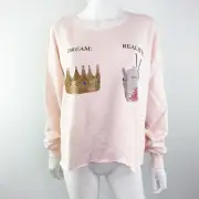 Wildfox Sweatshirt Size M Dream vs. Reality 5AM Light Pink Raw Hem Jumper New