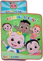 NoJo Cocomelon Plush Toddler Nap Mat - Includes Attached Pillow and Fleece Blanket, Green, and Blue