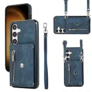 Compatible For Samsung Galaxy S24+ Cell Phone Case Card Bag PU Leather+TPU Cover with 2 Straps Blue