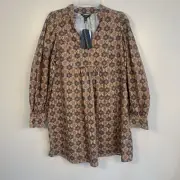 Banana Republic Solari Corduroy Puff Sleeve Mini Dress Brown Multi Print S NWTs