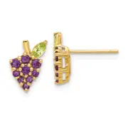 14K Solid Yellow Gold Amethyst Peridot Grapes Stud Earrings