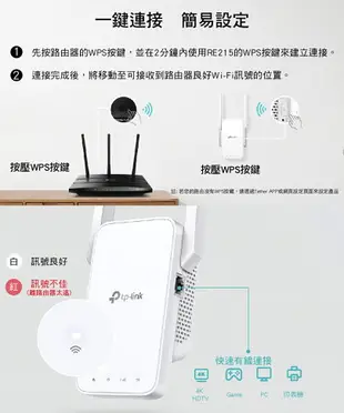 (可詢問客訂)TP-Link RE215 AC750 OneMesh 雙頻無線網路WiFi訊號延伸器/強波器