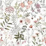 VEELIKE Vintage Peach Pink Floral Wallpaper 44.5 cm × 900 cm Green Leaf Wallpaper Self Adhesive Patterned Wildflowers Pink Botanical Wall Paper for Nursery Girls Bedroom Walls Cabinets Removable