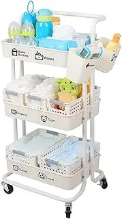 Baby Diaper Caddy Organizer Cart Movable, 3-Tier Sturdy Newborn Nursery Essentials Storage Cart for Changing Tables, with Mesh Baskets Hanging Cups and Sticker, Easy to Assemble