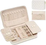 Lolalet Travel Jewelry Case for Women, Travel Jewelry Organizer Box with Mirror & Clear Storage Bag, Small Portable Traveling Ring Case for Earrings Necklace Bracelet Rings -Medium, White
