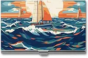 [VFMKT] Slim Metal Business Card Holder Portable Business Card Case Pocket Name Card Holder Sailboat Wave Pattern Wallet for Men Women Office Travel
