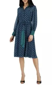 NWT Tahari ASL Womens Mixed-Print Tie-Waist Dress Blue Green Size 8