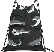 [JEJEA] Shark Print Drawstring Backpack Waterproof Back Bag Cinch Bags Swim Gym Travel Bag For Men Women, White, One Size