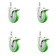 5 Inch 316SS Green Polyurethane Wheel Swivel 3/8 Inch Stem Caster Set Lock Brake