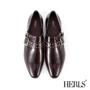 【HERLS】樂福鞋-全真皮鉚釘皮帶釦環尖頭漆皮樂福鞋(酒紅色)