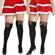 [WiliW] 2 Pairs Christmas Thigh High Stockings Plus Size, Red White Striped Over Knee High Socks for Women
