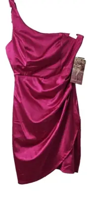 Emerald Sundae Juniors' Gathered Bodycon Shimmer , Pink One shoulder Dress Med.