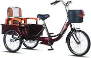 Passenger/Cargo Dual-Purpose Adult Tricycle, Shock-Absorbing Pedal Bicycle for The Elderly, Triangular Stable Structure/Sensitive Double Brakes,Red