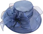 [Ｗoowayo] Women Wide Brim Sun Hats Beach Hat Floral Design Sun Protection Adjustable Organza Thin Elegant Sun Cap Fashion Accessories Dark Blue