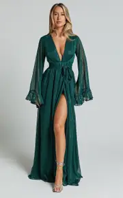 Dangerous Woman Maxi Dress - Plunge Thigh Split Dress in Emerald